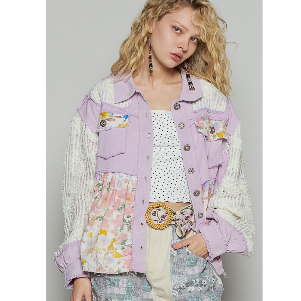 134. Nwot Pol Lilac Floral Patchwork Jacket With Cream Mesh And Lace Sleeves